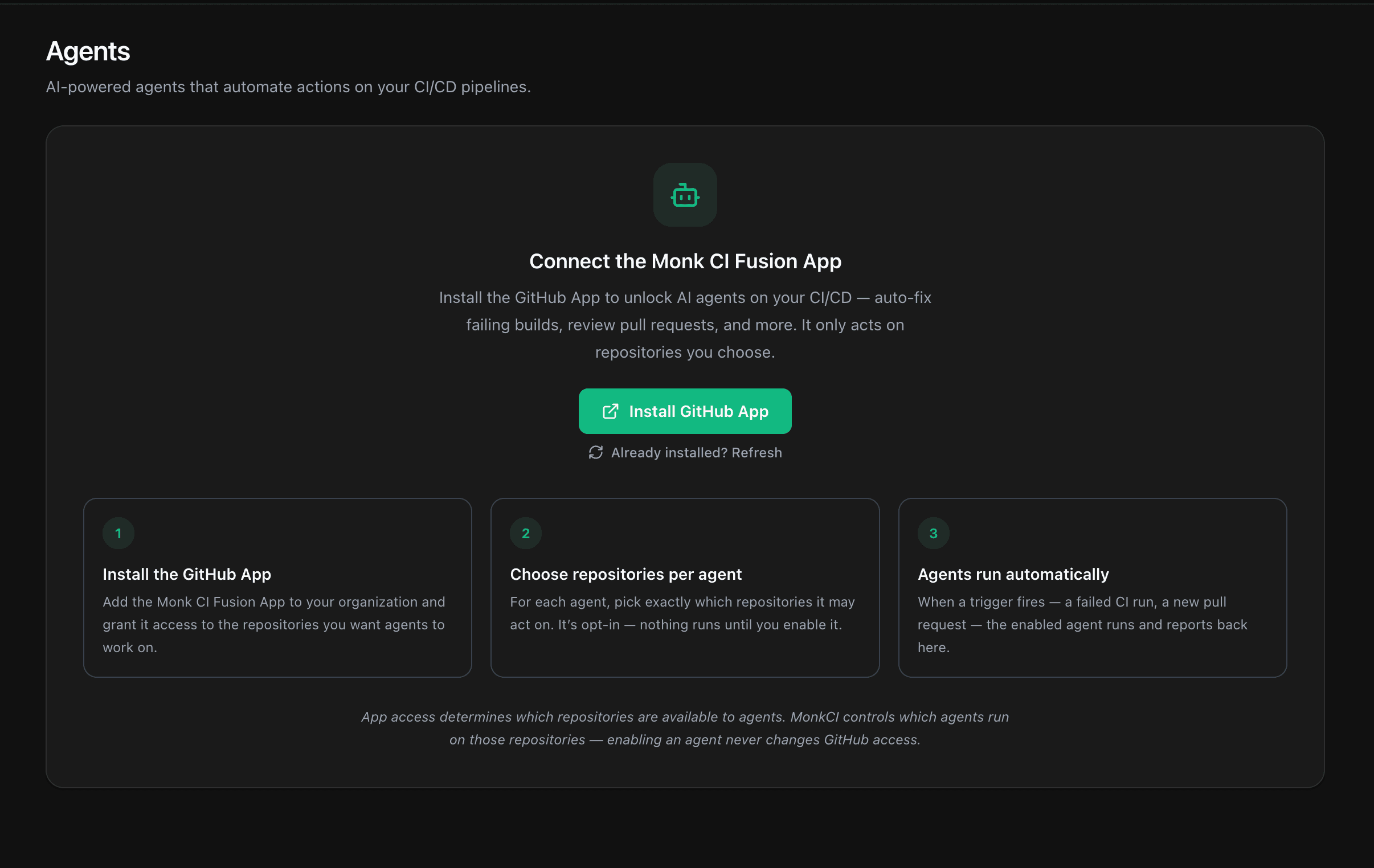 The Agents page before the app is connected, with an Install GitHub App button and three steps that read install the app, choose repositories per agent, and agents run automatically.