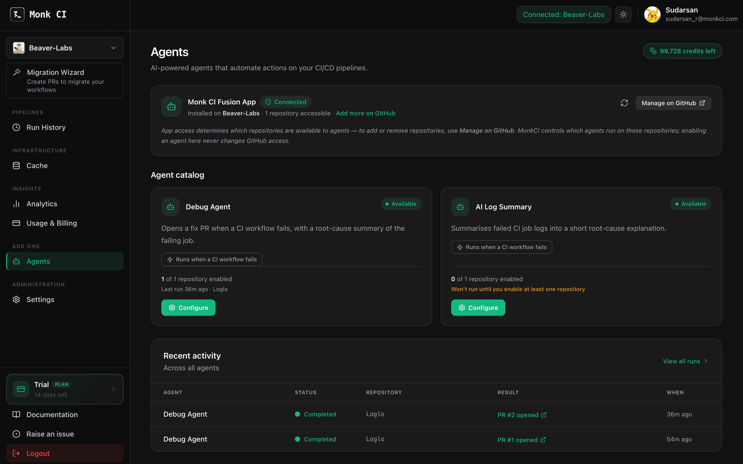 The Agents page after the app is connected, showing the Monk CI Fusion App marked as connected, the remaining credits, an agent catalog with the Debug Agent and AI Log Summary cards, and recent activity across all agents.