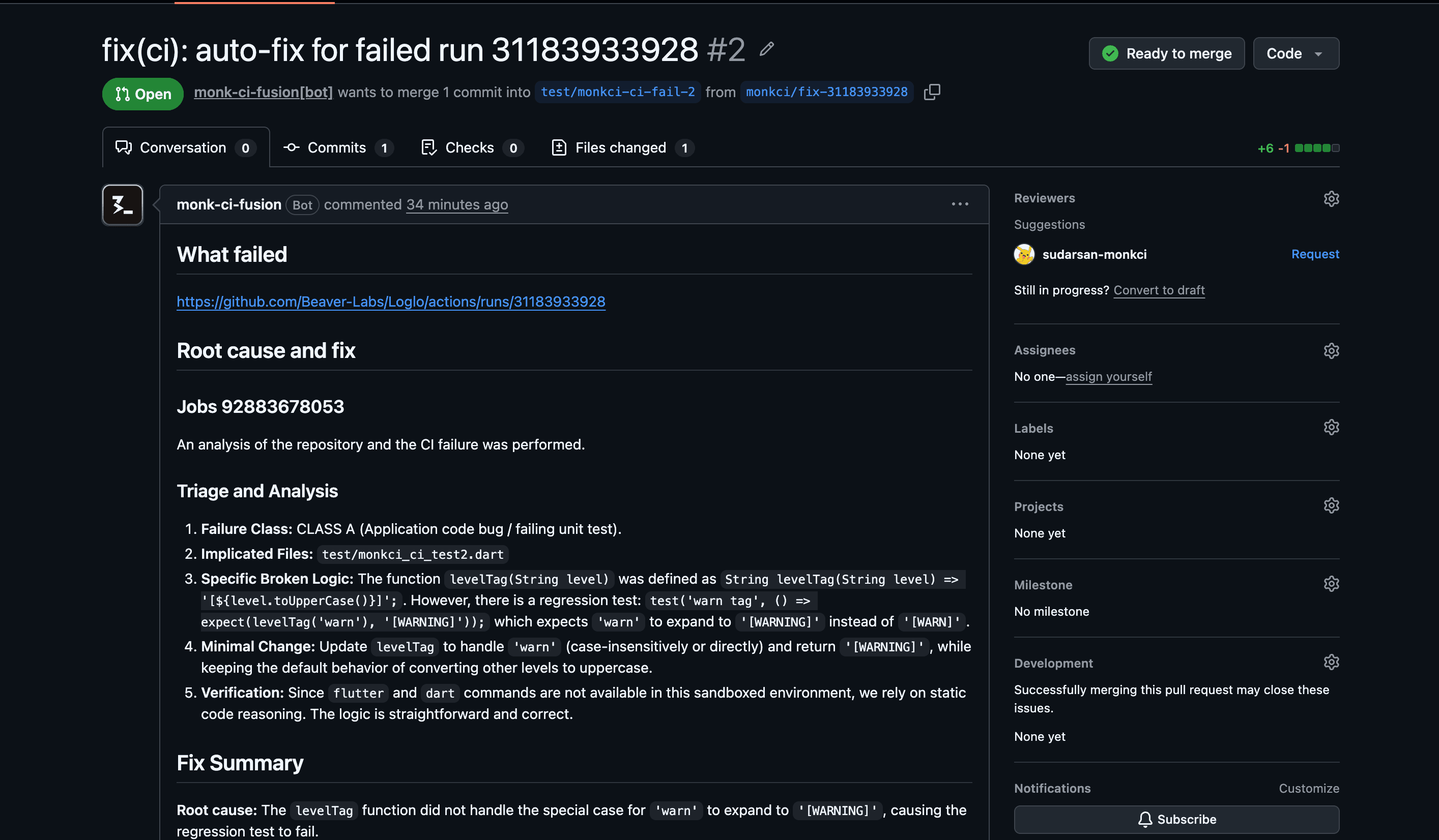 A pull request opened by the Monk CI Fusion App. It lists what failed with a link to the CI run, the root cause and fix, a Fix Summary, the files changed, and a banner showing all checks have passed.