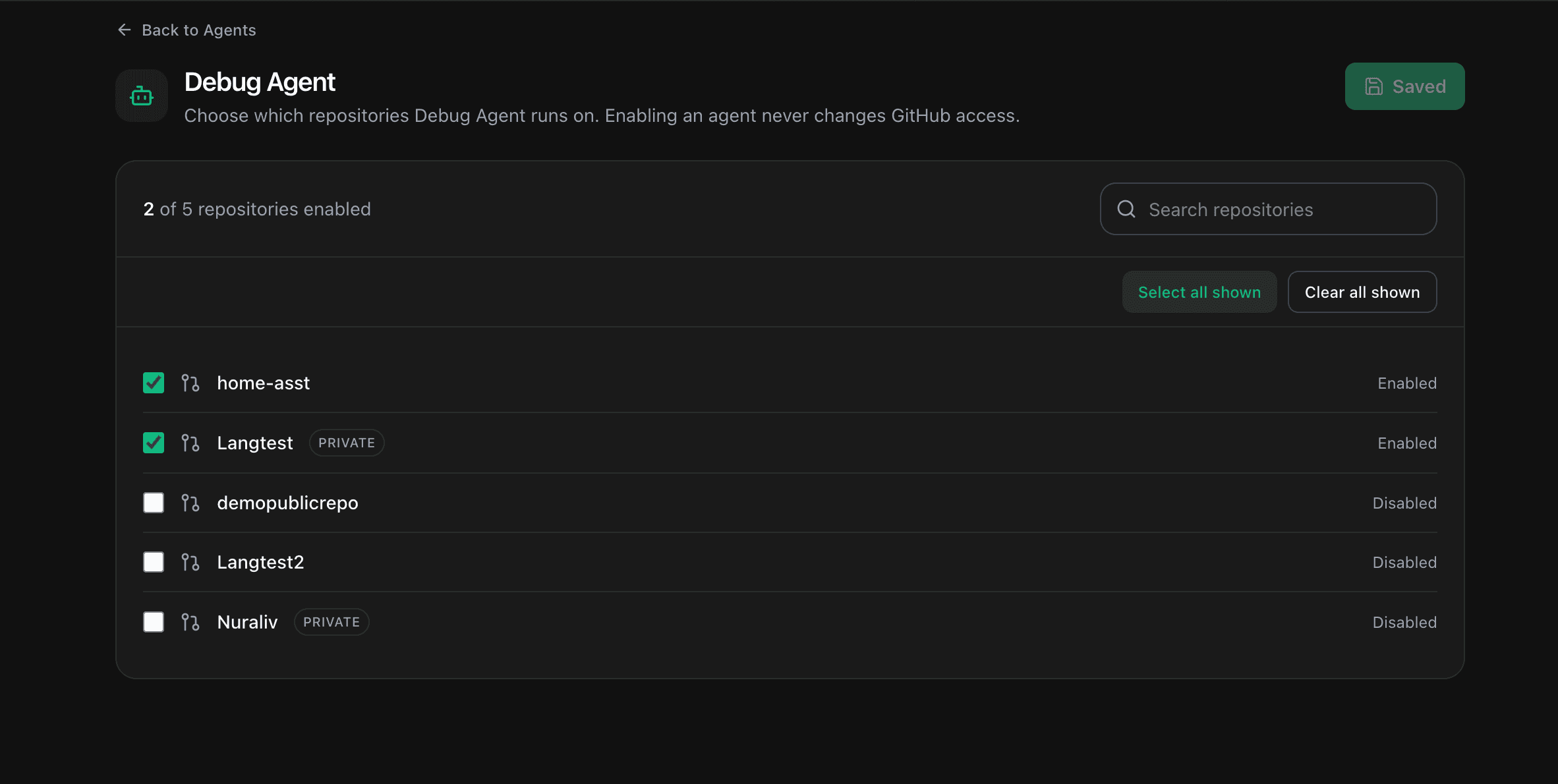 The Debug Agent repositories screen showing two of five repositories enabled, each with a toggle and an Enabled or Disabled label, and a Saved indicator.