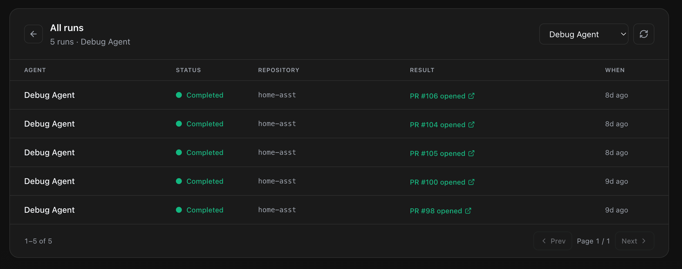 The All runs view filtered to the Debug Agent, listing completed runs with the agent, status, repository, result such as a pull request that was opened, and when each ran.