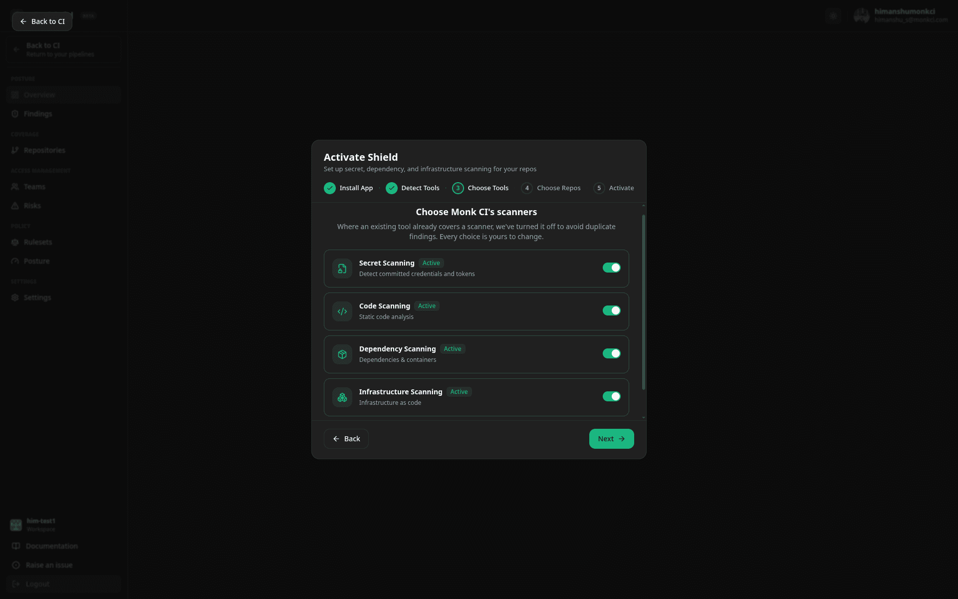The Choose Tools step of the Activate Shield wizard, showing Secret Scanning, Code Scanning, Dependency Scanning and Infrastructure Scanning with toggles.