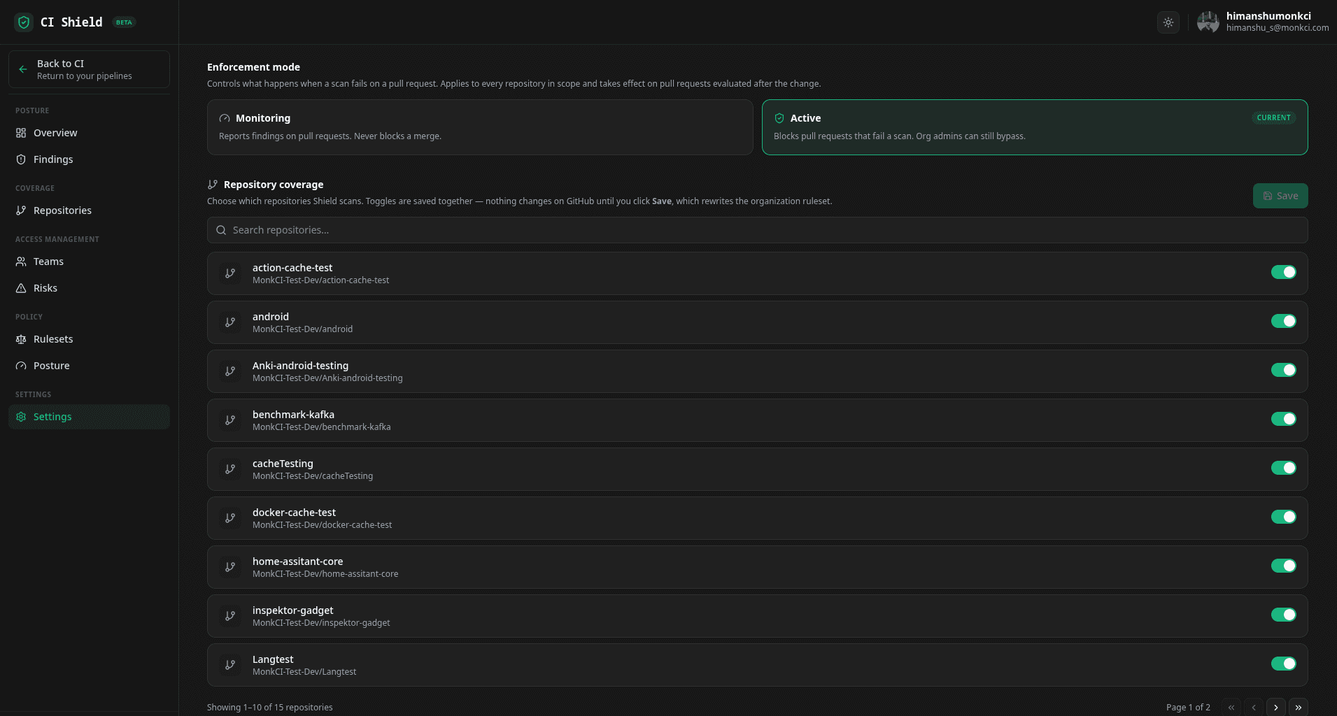The Shield Settings page: Enforcement mode with Monitoring and Active options, and Repository coverage with per-repository toggles and a Save button.