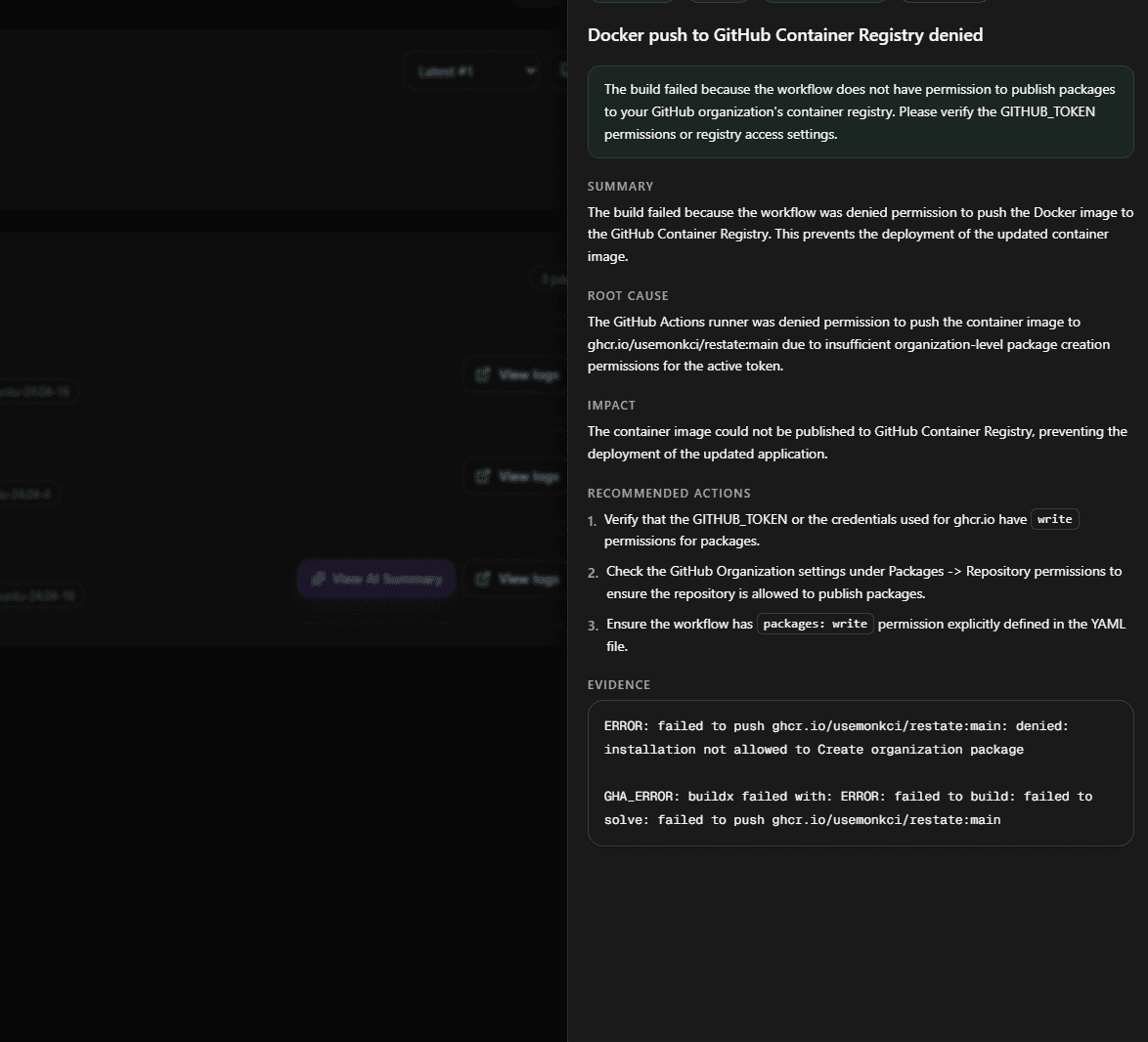 AI Summary panel for a "Docker push to GitHub Container Registry denied" failure, showing Summary, Root Cause, Impact, Recommended Actions, and Evidence sections.